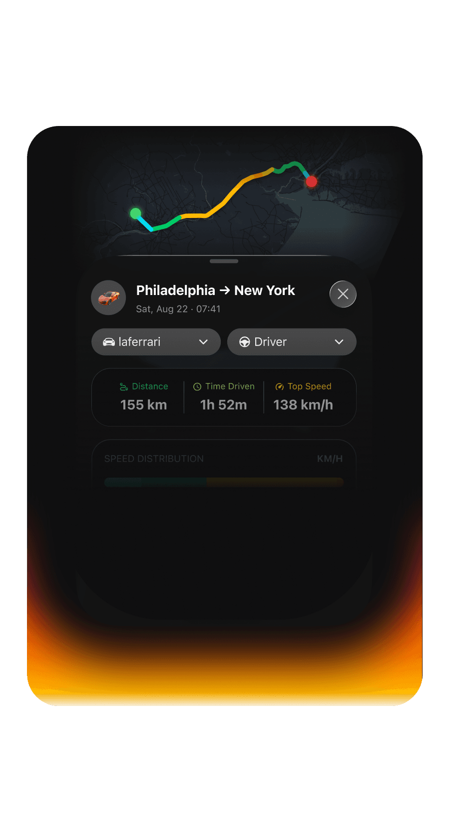 A completed drive from Philadelphia to New York: 155 km, 1h 52m driven, 138 km/h top speed, with the route drawn on the map above and speed distribution below.