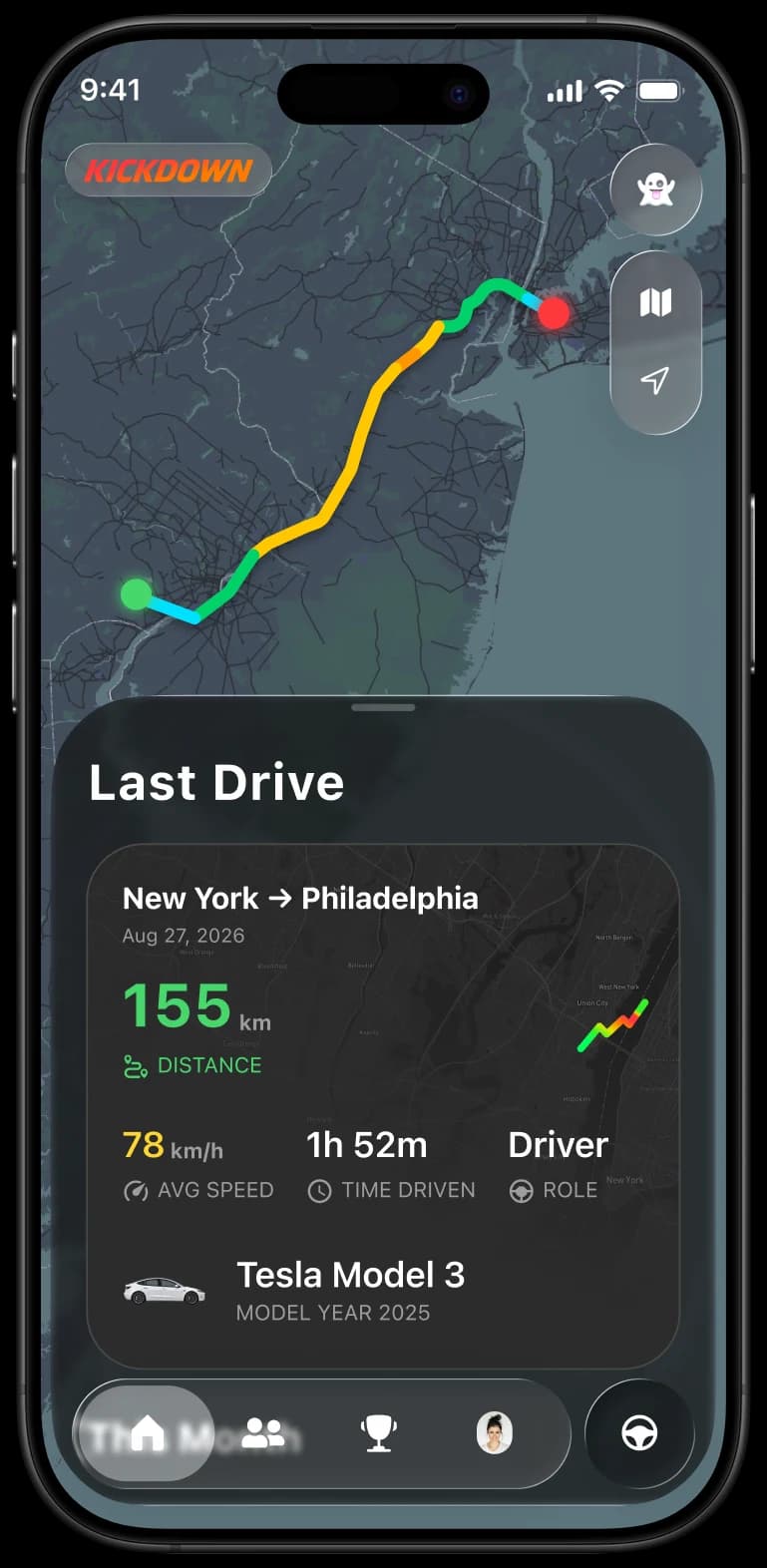The Kickdown home screen with the last drive on the map and its distance, average speed and car.